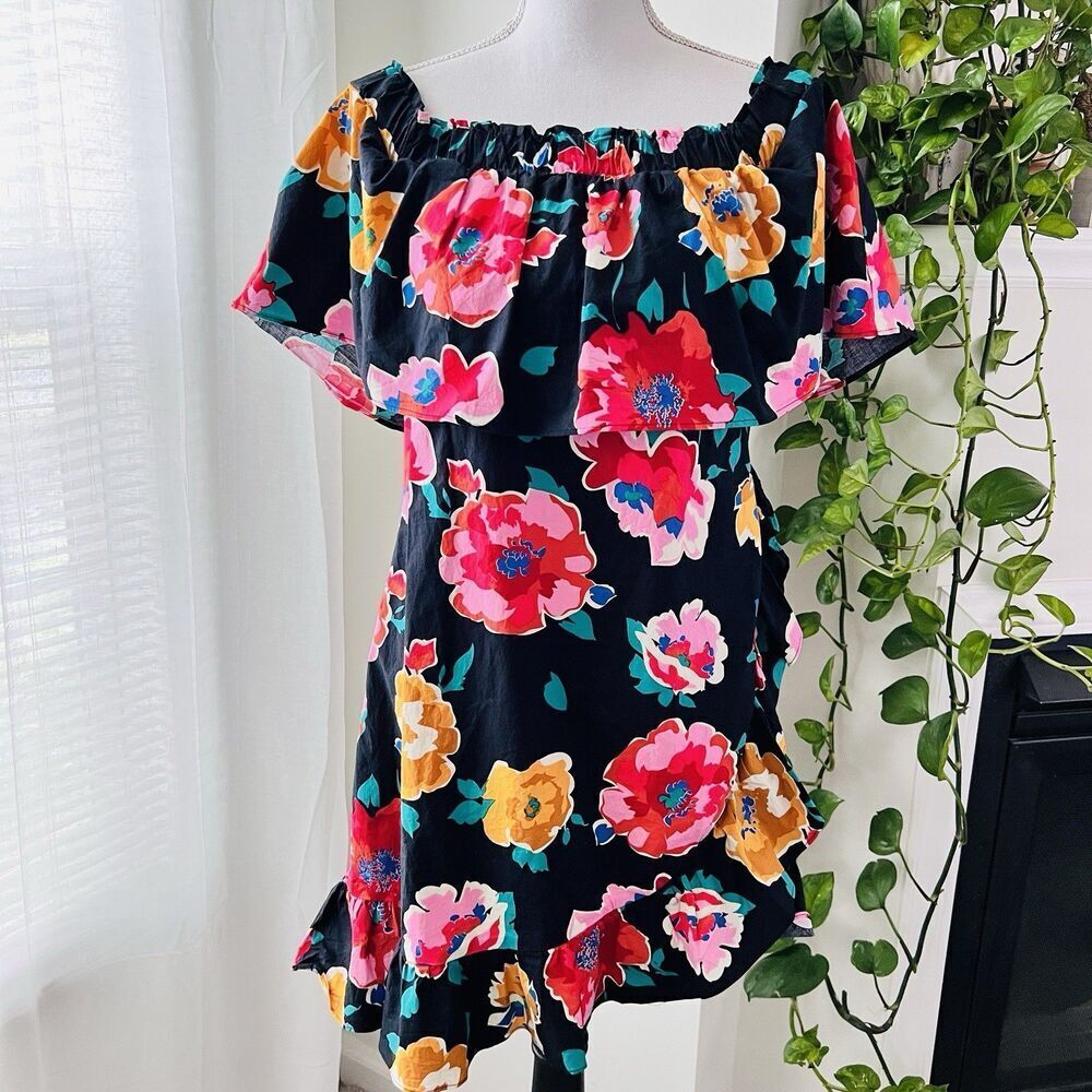 Who What Wear Black Mini Dress with Pink, Red & Yellow Floral Print. Size S. EUC